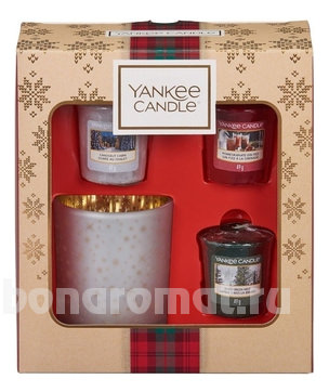  3 Votive Candle & Holder Gift Set ( Candlelit Cabin +  Pomegranate Gin Fizz +  Evergreen Mist + )